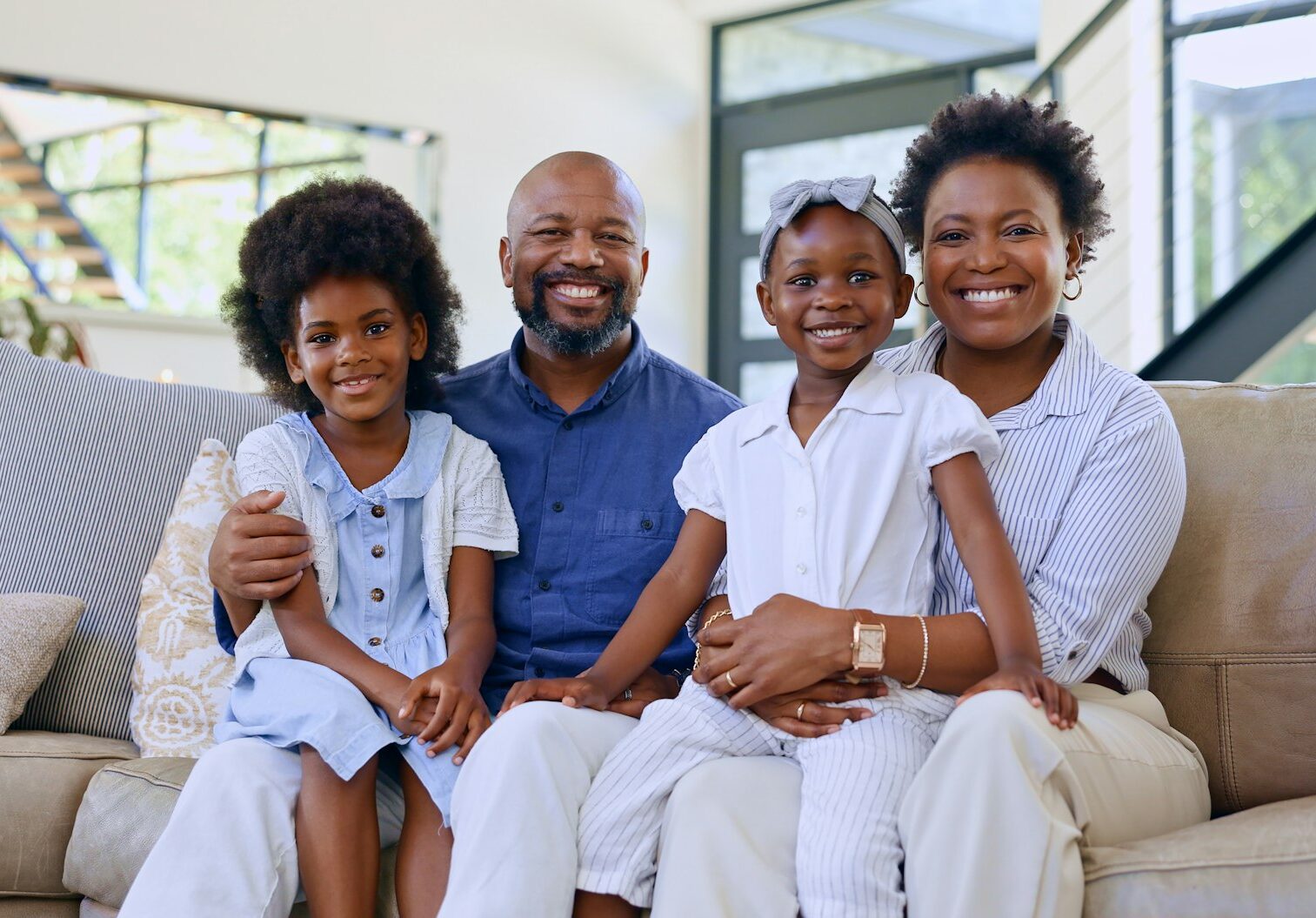 Black family, father or portrait of mother with happy kids in home to relax on holiday vacation wit